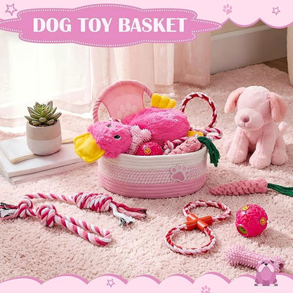 Zopeal Puppy Dog Toy Gift Storage Basket with Dog Toys Set Chew Toys Birthday Gift Basket Teething Interactive Squeaky Duck for Teething Small Medium Large Dogs(Pink)
