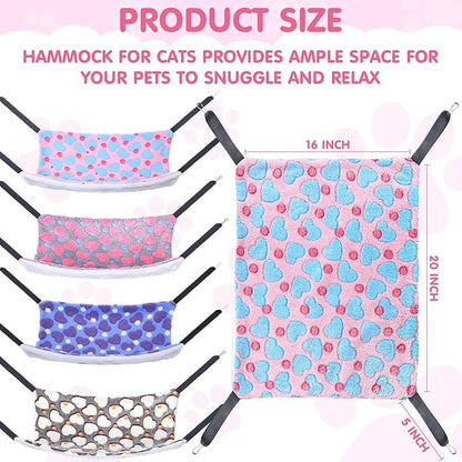 8 Pcs Reversible Cat Hammock Plush Ferret Hammock Hanging Bed with Straps and Metal Hooks Cage Accessories for Indoor Kitten Puppy Rabbits Feral Animals Rehab and Shelters(Heart Style)
