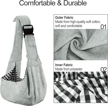 PETLOFT Reversible Small Dog Cat Sling Carrier, Adjustable Hands Free Cross Body Carrier with Collar Hook for Dog/Cat/Bunny up to 11lb (Light Grey)