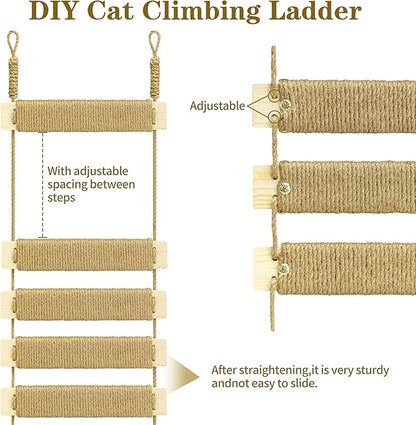 Multi-Functional Cat Ladder & Bridge - Sisal Rope Climbing Frame Wall Furniture for Indoor/Outdoor Cats, Cage Accessories, Parrots, Small Pets (Wood Tone)