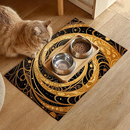 Cat Feedings Mats 20x12 inch Golden Cat Print Pet Bowl Placemat Non Slip Mat for Cats Food and Water Indoor Kitty Feeding Station Elegant Cats Meal Mat for Small Pets Kitchen Floor Use