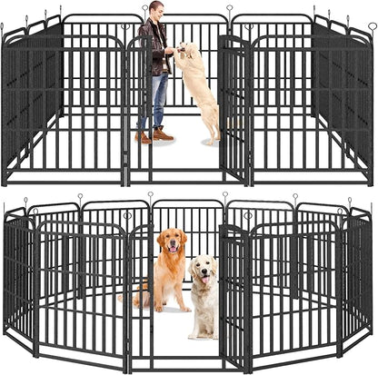 Heavy Duty Dog Playpen: 12 Steel Panels 40" Height, Square Steel Pipe with Reinforced Crossbars, 27FT 57 Sq.ft Portable Fence for Yard RV Camping, Snowy Black