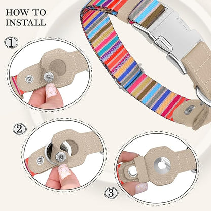AirTag Dog Collar for Small Medium Large Breed - Adjustable Cute Pattern Dog Collar with Airtag Holder - Soft Leather Tracker GPS Apple Air Tag Pet Collars (Large, 17"-21" Neck Fit, Serape)