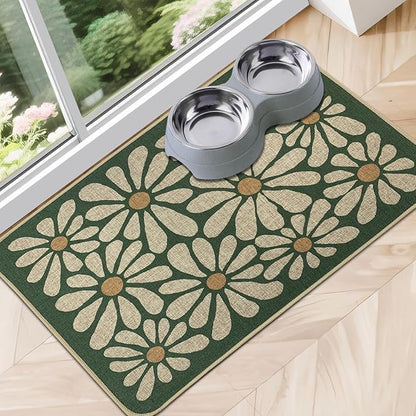 SHIYUE Dog Food Mats for Floors, Absorbent Cat Bowl for Food and Water, Non-Slip Accessories Pet Supplies(17"x30",Forest Green Flower)