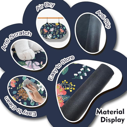 Absorbent Pet Food Mat 24''x16'', No Stains Quick Dry Pet Water Mat Protect Floor, Cat Dog Water Bowl Mat for Messy Drinkers, Non-Slip Rubber Base Pet Placemats for Food and Water, Dark Blue Floral