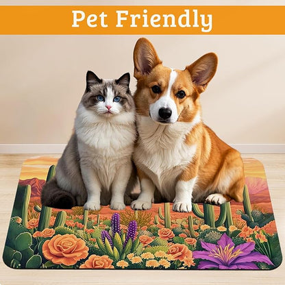 Pet Feeding Mat,Cactus Absorbent Dog Cat Food Mat Desert Dog Mat with Rubber Backing,Non-Slip Water Bowl Placemat,Pet Supplies 12" x 20"