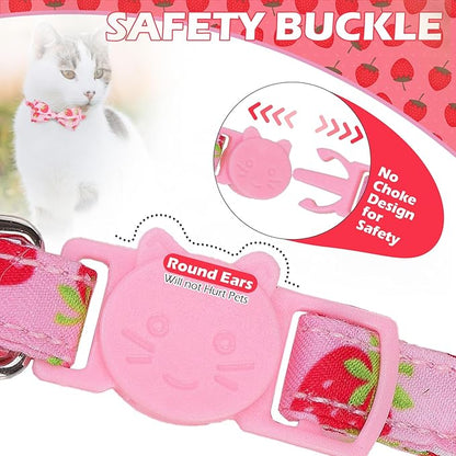 EXPAWLORER Cute Cat Collar Breakaway with Bells - 2 Pack Fruit Adjustable Pet Collar with Removable Bow Tie and Bandana, Safety Buckle for Girl Boy Cats Kitten, Strawberry