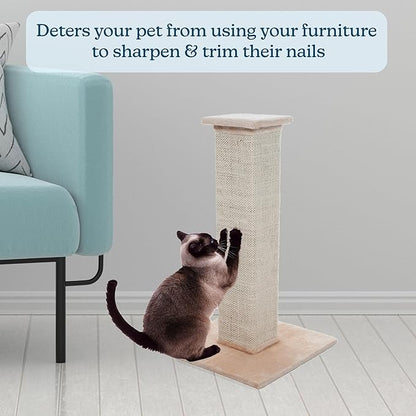 Cat Scratching Post with Carpeted Base - 27.75-Inch Sisal Burlap Fabric Scratcher - Furniture Scratching Deterrent for Indoor Cats by PETMAKER (Beige)