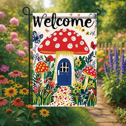 Mushroom House Garden Flag 12x18 Inch Welcome Yard Banner Whimsical Fairy Tale Style Double Sided Outdoor Decoration for Porch Lawn Patio Spring Summer Seasonal Garden Decor