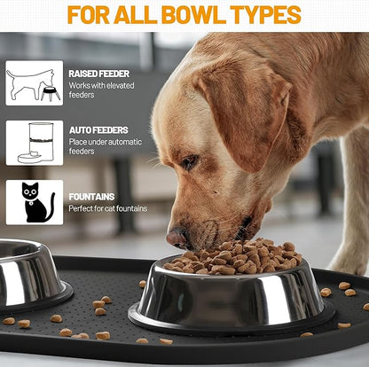 Hubulk 100% Waterproof Silicone Pet Feeding Mat with Raised Edge for Food and Water, Dog Bowl Mats, Cat Bowls Placemat with High Lip Protects Floor for Cats and Dogs (Black, 24" L x 16" W)
