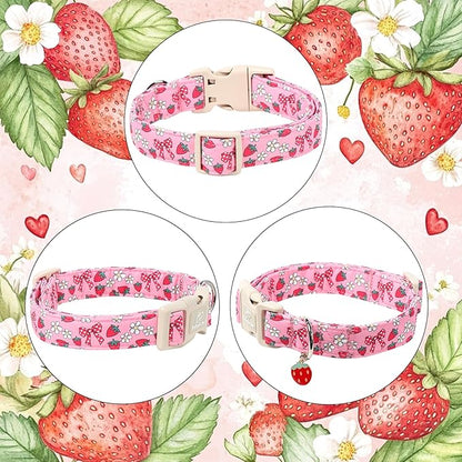 Strawberry Bow Dog Collar for Puppy Small Dogs - Cute Pink Spring/Summer Girl Dog Collars, Lightweight Adjustable Female Girly Dogs Collars with Quick Release Buckle XS