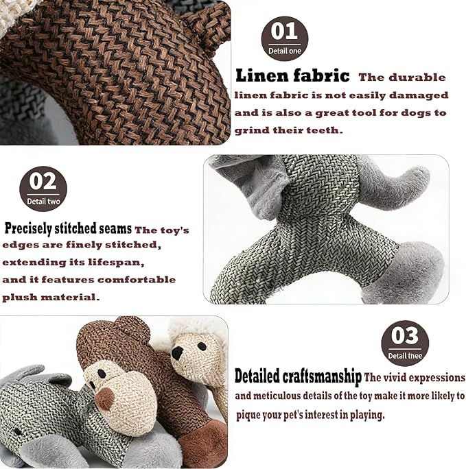Linen Safari Companions, Squeaky Dog Chew Animals, with Durable Linen Material, Durable and Resistant to Chewing, for Relieve Dog's Boredom (Elephant+Sheep)
