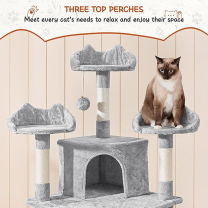 Yaheetech 76.5in Multi-Level Large Cat Tree, Big Cat Tower with 3 Condos, Cozy Plush Perches, 9 Sisal Scratching Posts and Ladder, Activity Center for Large Kitties, Light Gray