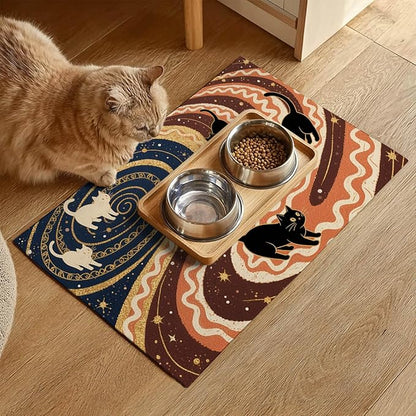 Pet Feedings Mats 20x12 inch Black Cat Design Pet Bowl Placemat Non Slip Mat for Cats Food and Water Indoor Kitty Feeding Station Artistic Cats Meal Mat for Small Pets Kitchen Floor Use