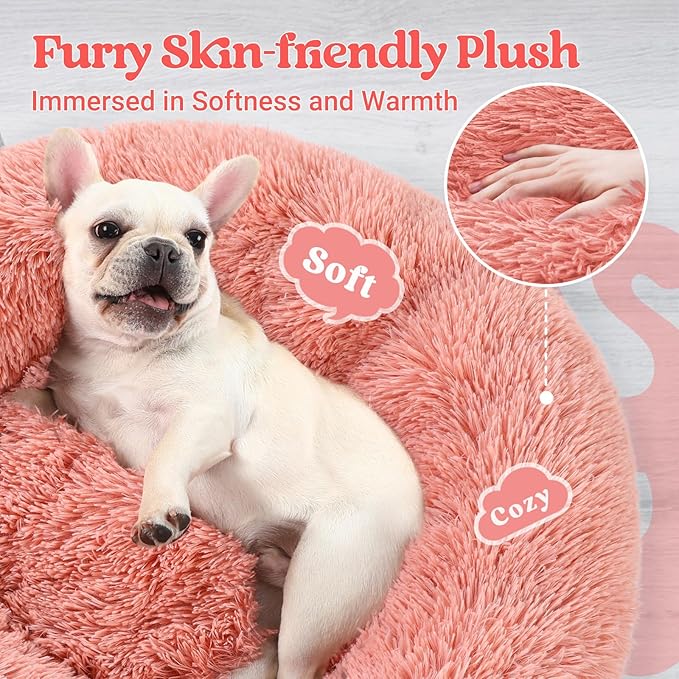 rabbitgoo Dog Bed for Small, 24 inches Machine Washable, Fluffy Donut Pet Bed Anti-Slip, Calming Soft Plush Round Cushion, Fits up to 18 lbs Pets, Pink