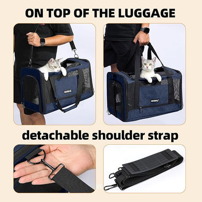 Cat Carrier Soft-Sided Travel Bag for Medium to Large Cats Over 15lbs, Small Dog Carrier Crate Top Entry Breathable Mesh Puppy 12 Pounds, Pet Rabbit Carrying Cage Kennel Collapsible Navy