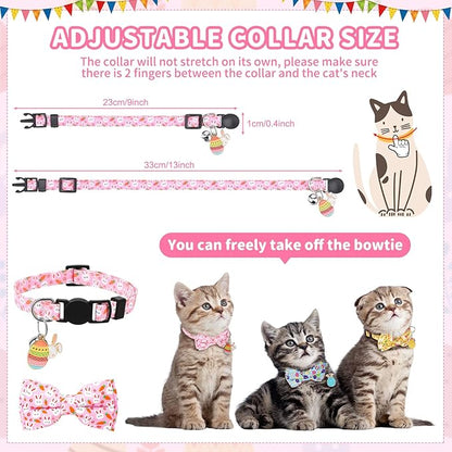 3 PCS Easter Cat Collars with Bow Tie and Bell, Spring Cat Collars Eggs Rabbit Pattern Breakaway Adjustable Cat Bow Tie Collars, Cute Bow Tie Suitable for Kittens Or Certain Puppies