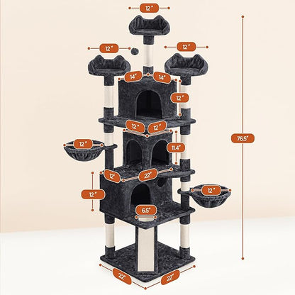 Yaheetech 76.5in Multi-Level Large Cat Tree, Big Cat Tower with 3 Condos, Cozy Plush Perches, 9 Sisal Scratching Posts and Ladder, Activity Center for Large Kitties, Black