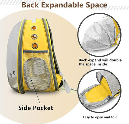 Cat Backpack Carrier Back Expandable Bubble Pet Carrier Backpack for Large Cat, Kitten and Dog, Designed for Hiking, Travelling and Outdoor Use (Back Expandable-Yellow)