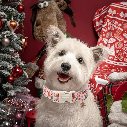 DOGWONG Christmas Dog Collar, Pink Gingerbread Man Pet Dog Collar Cotton Soft Dog Collars Winter Holiday Collars for Small Medium Large Dogs