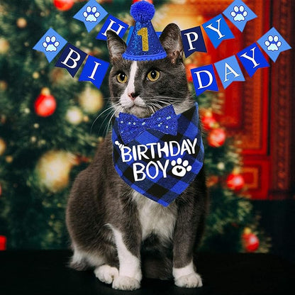 STMK Cat Birthday Party Supplies, Cat Birthday Hat with Numbers Bandana Bow Tie Collar Banner for Cats Kittens Birthday Outfit Decorations