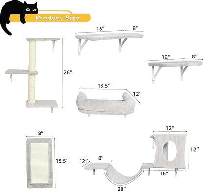 NUNU LAB Wall Mounted Cat Furniture Set - 6 Pcs Climber Set with House, Bridge, Steps, Scratcher Board - DIY Walls Playground, Indoor Cat Shelves - Gray