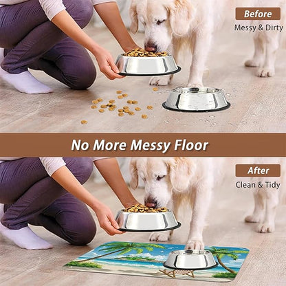 Tropical Beach Dog Food Mat for Floors,Hawaii Palm Tree Absorbent Quick-Dry Pet Feeding Mat,Cat Dog Bowl Mats for Food and Water,Non-Slip Pet Accessories Supplies 16"x24"