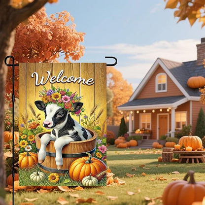 Fall Garden Flag Welcome Calf Animal Garden Flag Farm 12x18 Inch Double Sided Outdoor Decoration for Fall Season Yard Porch Lawn Display Cute Flower Cow Banner Autumn Harvest