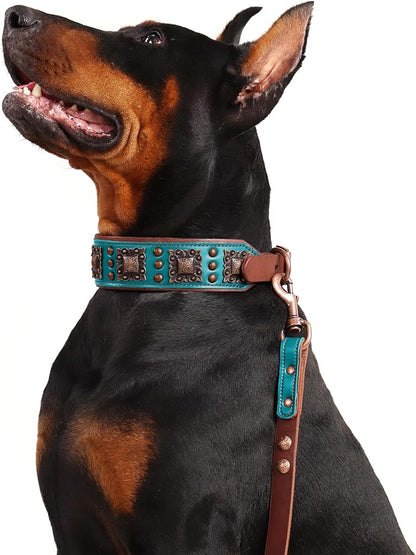 PET ARTIST Soft Padded Leather Dog Collar, 2 inch Wide Genuine Leather Dog Collars with Stylish Studded Rivet & Metal Buckle, Luxury & Adjustable Pet Collars for Medium Dogs,Green,Neck 16-19"