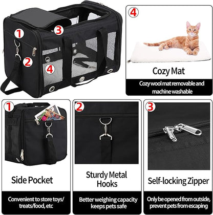 Soft Sided Cat/Dog Carrier，Collapsible Mesh Pets Travel Carriers for Pet/Puppy with Shoulder Strap & Removable Mat，Top Load Small Dogs/Cats Carry Bag Up to 25 Lbs（Black - L）