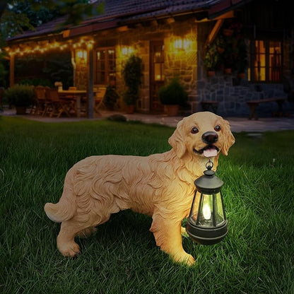 Golden Retriever Statue Outdoor Decorations – Outdoor Dog Statue Standing Golden Retriever with Removable Solar Light & Welcome Sign for Patio Décor