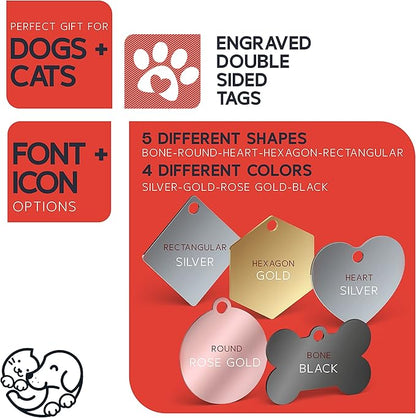 Engraved Pet ID Tags for Cats, Dogs - 4 Color & 5 Shape Options, Personalized w/ 20 Icons, Name, Address, Phone Number - Accessories for Four Legged Friends, Stainless Steel #Heart - Silver