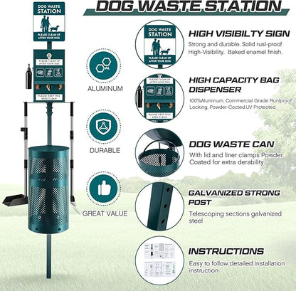 Qinyoung Dog Waste Station Outdoor Dog Poop Trash Can with Poop Bag Dispenser Shovel Dustpan Hand Sanitizer Bottle Rust Proof Bin Pet Waste Disposal System for Business Parks Backyards Trails