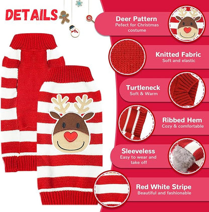 Dog Christmas Sweater Cute Striped Reindeer Xmas Pet Clothes Holiday Puppy Cat Costume New Year Gifts for Small Medium Large Dogs Jumpers (S, Red White Stripe Reindeer)