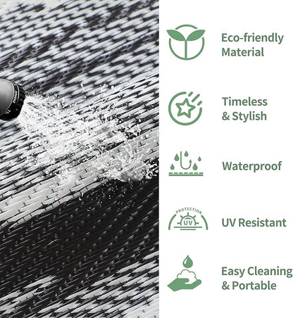 GENIMO Outdoor Rug for Patio Clearance, 9'x12' Waterproof Camping Mat, Reversible Plastic Straw Rugs for RV, Camper, Balcony, Backyard, Picnic, Deck (Black White)