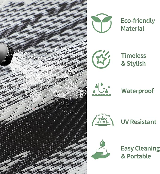 GENIMO Outdoor Rug for Patio Clearance, 8'x10' Waterproof Camping Mat, Reversible Plastic Straw Rugs for RV, Camper, Balcony, Backyard, Picnic, Deck (Black White)