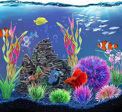 10pcs Aquarium Artificial Plastic Plants Decorations and Rock Cave Decor Set, Fish Tank Accessories Small Large Fish Bowl Ornaments Set