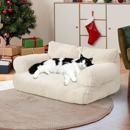 Large Cat Beds for Indoor Cats, Dog Couch Bed, Cute Cat Couch Sofas for Less 20lbs Kitten Puppy, Small Dog Sofas & Chairs with Removable Washable Cover, Soft Warm Pet Furniture, Cream