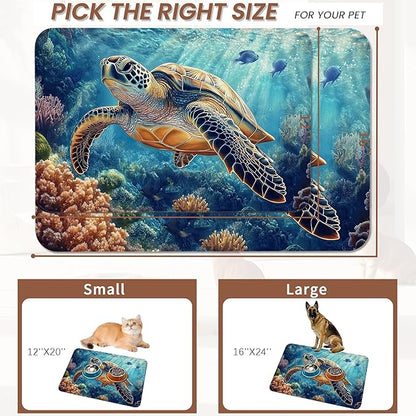 Turtle Dog Cat Food Mat,Coral Fish Absorbent Pet Feeding Mat for Food and Water,Non-Slip Dog Bowl Mats Floor Protector 12"x20"