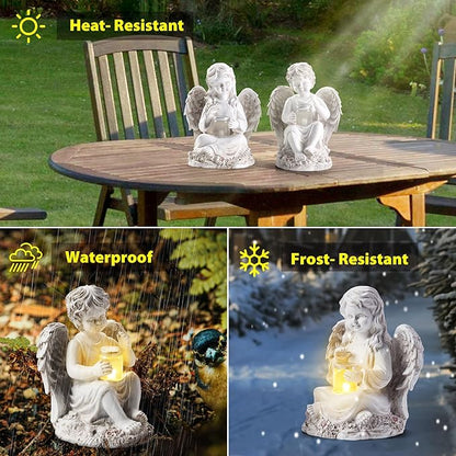 2 Pack Outdoor Angel Statue Garden Decor, Classic Solar Angel Figurine Decoration for Yard Art Indoor Porch Home Lawn Outside Light up Cherub Sculpture Guardian Wings Angel Memorial Gifts Christmas