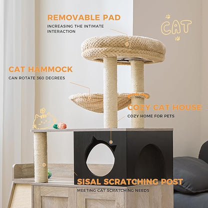 IRONCK Litter Box Enclosure with Cat Tree, 46" Hidden Litter Box with Sisal Scratching Ladder and Storage, Modular Wooden Litter Box Furniture with Condo and Platform, All-in-one Cat Tower, Greige