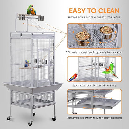 SUPER DEAL PRO 61-inch 2in1 Large Bird Cage with Rolling Stand Playtop Parrot Chinchilla Finch Cage Macaw Conure Cockatiel Cockatoo Pet House Wrought Iron Birdcage, White