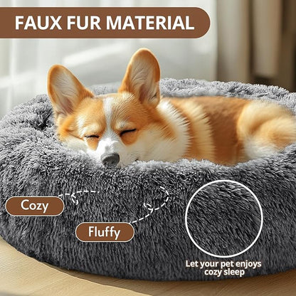 JOLLYVOGUE Calming Small Dog & Cat Bed for Indoor Cats - 20 inches Washable Donut Bed for Kittens & Puppies, Anti-Anxiety Round Fluffy Plush Pet Beds (Fits up to 15 lbs, Smoke Black)
