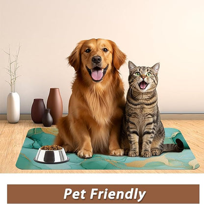 Marble Dog Food Mat for Floors,Green Gold Flowing Marble Absorbent Quick-Dry Pet Feeding Mat,Cat Dog Bowl Mats for Food and Water,Non-Slip Pet Accessories Supplies 12"x20"