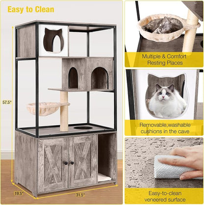Aivituvin Cat Litter Box Enclosure, Litter Box Furniture Hidden, Wooden Cat Washroom Furniture, Indoor Cats House with Condo, Hammock, Scratching Mat and Storage Shelves-Greige
