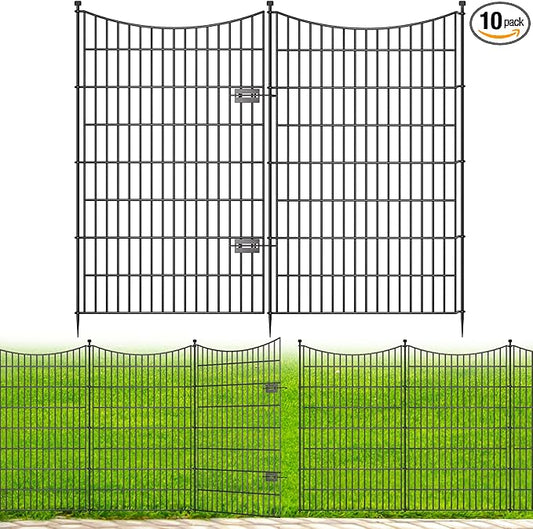 10 Panels Decorative Garden Fence with Gate, 48 in(H) X 26.25 ft(L) No Dig Dog Fence Animal Barrier Outdoor for Yard, Rustproof Metal Garden Edging and Borders, Temporary Fencing Stakes
