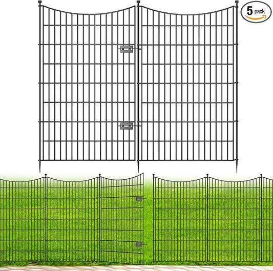 5 Panels Decorative Garden Fence with Gate, 48 in(H) X 13.13 ft(L) No Dig Dog Fence Animal Barrier Outdoor for Yard, Rustproof Metal Garden Edging and Borders, Temporary Fencing Stakes