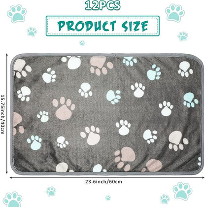 Tegeme 12 Pcs Pet Blankets Soft Fluffy Fleece Dog Cat Warm Paw Print Pattern Blankets Flannel Throw for Pets Dog Puppy Cat(23 x 16 Inch,Dark Gray)