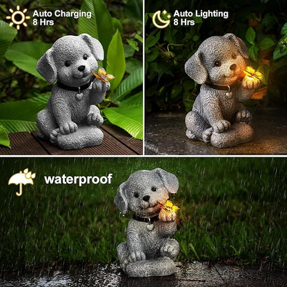 Solar Dog Garden Statue with Lantern Light – 8.2in Outdoor Dog Figurine for Women, Mom, Grandma,Garden Gifts，Home Decoration with Butterfly