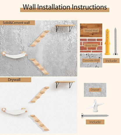 Cat Wall Hammock Set of 3, Wall Shelves with 1 Floating Fabric Hammock, 2 Cat Ladders with 4 Steps Each, Wall Mounted Bed Furniture & Climber for Large Cats
